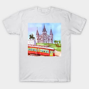 St. Louis Cathedral, and street car as seen in Jackson Square New Orleans T-Shirt